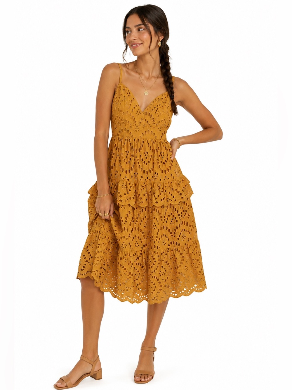 BCBGMaxAzria Mustard Eyelet Ruffled Midi Dress
